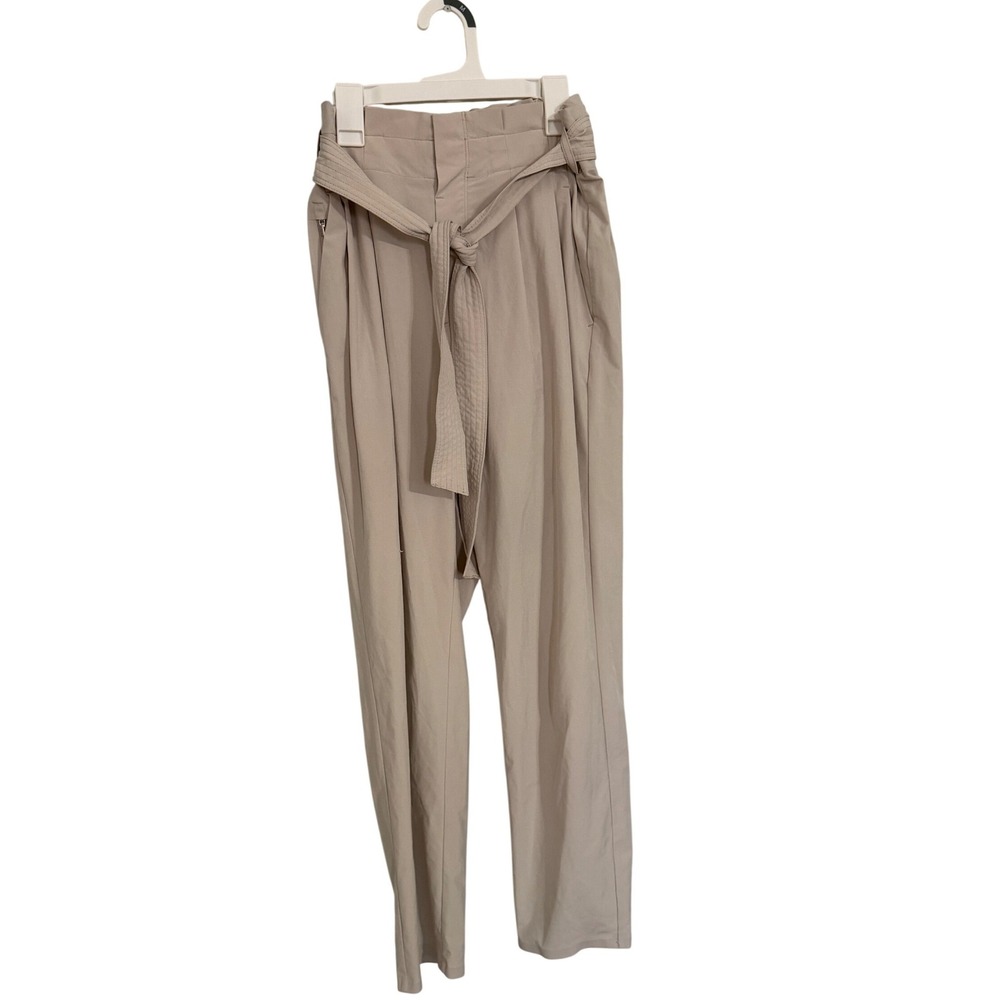 Athleta Womens Beige Paperbag Waist High Rise Pleated Tie Belt Neutral Pants